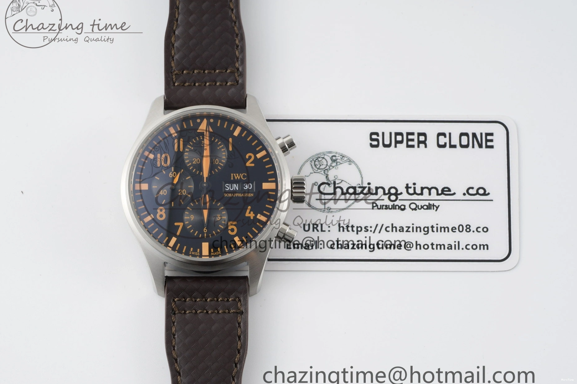 MIROTIME 0509 Pilot Chrono SS AZF 1:1 Best Edition Black Dial Orange Markers on Brown Leather Strap A EasyCare 7065